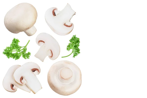 Fresh mushrooms and slices isolated on white background with copy space for your text. Top view. Flat lay. — Stock Photo, Image