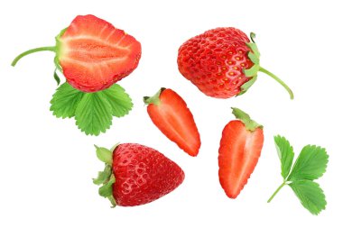 Beyaz arka plan üzerinde izole çilek. Üstten görünüm. Düz yatıyordu desen