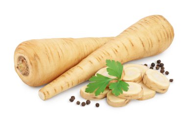 Parsnip root and slices with parsley isolated on white background with clipping path clipart