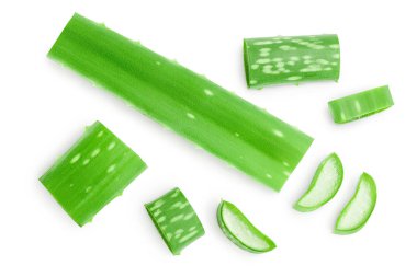Dilimleri beyaz arka planda izole edilmiş Aloe Vera. Üst Manzara. Düz yatıyordu.