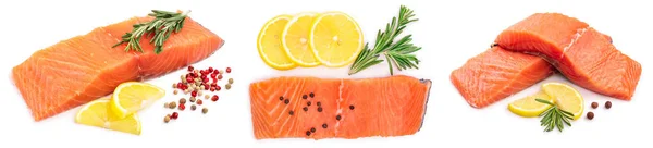 Filete de salmón de pescado rojo con limón y romero aislado sobre fondo blanco. Vista superior. Acostado. Conjunto o colección — Foto de Stock