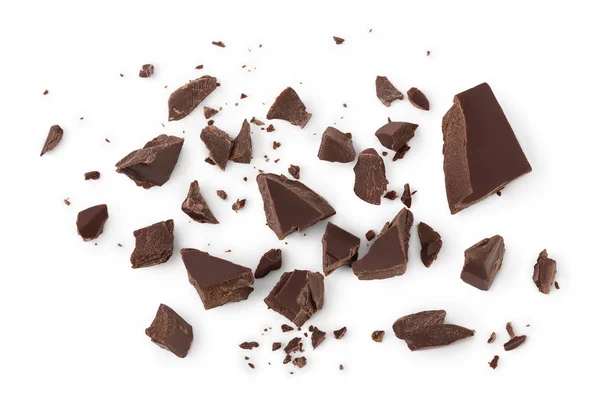 Pezzo di cioccolato isolato su sfondo bianco con percorso di ritaglio. . Vista dall'alto. Posa piatta . — Foto Stock