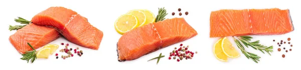 Филе лосося из красной рыбы с лимоном и розмарином изолированы на белом фоне. Вид сверху. Плоский лежал. Набор или коллекция — стоковое фото