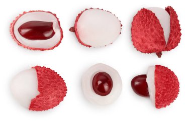 Lychee meyvesi kırpma yolu ile beyaz arkaplanda izole edilmiş ve tam alan derinliği, Set veya koleksiyon. Üst Manzara. Düz yatıyordu