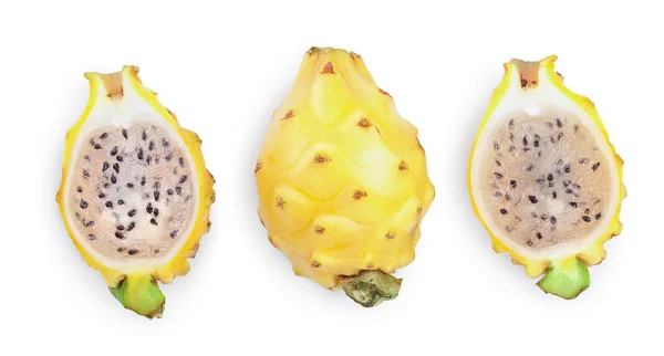Drakenfruit, Pitaya of Pitahaya geel geïsoleerd op witte achtergrond. Bovenaanzicht. Vlakke plaat — Stockfoto