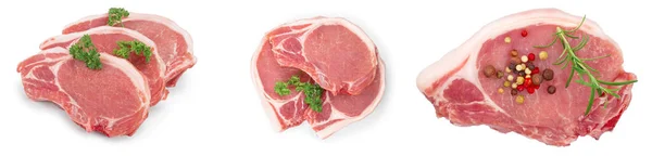 Carne de cerdo cruda en rodajas aislada sobre fondo blanco. Vista superior. Acostado. Conjunto o colección —  Fotos de Stock