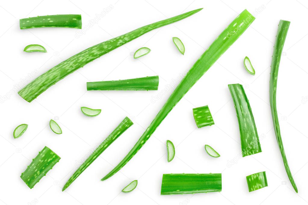 Aloe vera with slices isolated on white background. Top view. Flat lay.