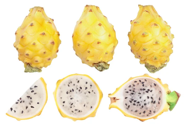 Drakenfruit, Pitaya of Pitahaya geel geïsoleerd op witte achtergrond. Bovenaanzicht. Platte lay, Set of verzameling — Stockfoto
