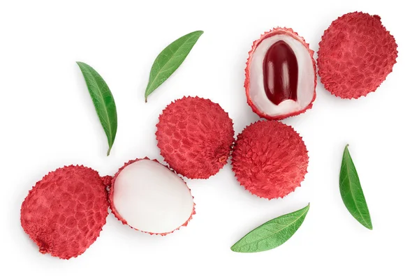 Litchi frukt isolerad på vit bakgrund med klippning väg och full skärpedjup. Högst upp. Platt äggläggning — Stockfoto