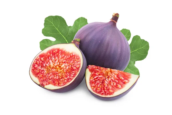 Fresh fig fruit and half with leaves isolated on white background — Stock Photo, Image