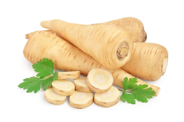 Parsnip root and slices with parsley isolated on white background with clipping path — Stock Photo, Image