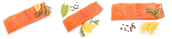 Filete de salmón de pescado rojo con limón y romero aislado sobre fondo blanco. Vista superior. Acostado. Conjunto o colección —  Fotos de Stock