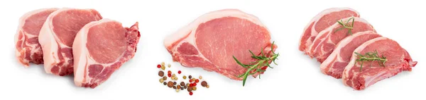 Geschnittenes rohes Schweinefleisch isoliert auf weißem Hintergrund. Ansicht von oben. flach lag. Set oder Kollektion — Stockfoto