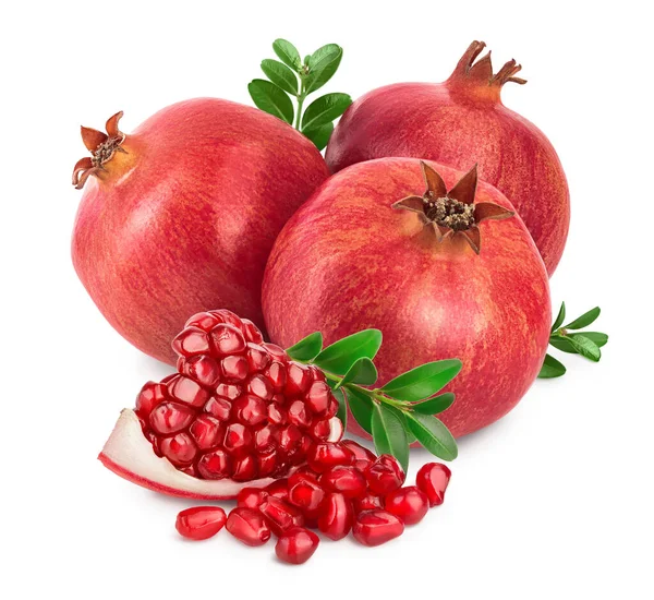 Pomegranate with leaf isolated on white background with clipping path and full depth of field. — Stock Photo, Image
