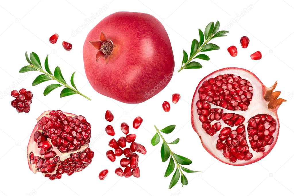 Pomegranate isolated on white background with clipping path and full depth of field. Top view. Flat lay