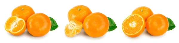 Mandarine oder Mandarine Früchte mit Blättern isoliert auf weißem Hintergrund. Set oder Sammlung — Stockfoto