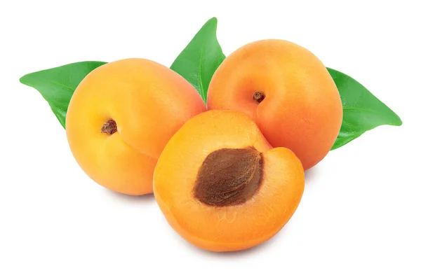 Apricot fruit and half with leaf isolated on white background macro — Stock Photo, Image