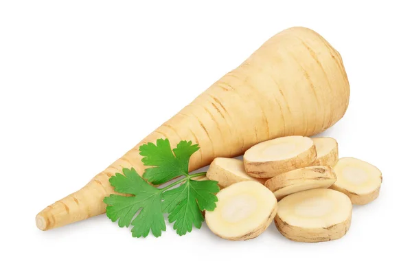 Parsnip root and slices with parsley isolated on white background with clipping path — ストック写真