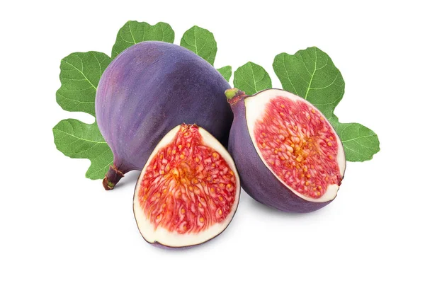 Fruta fresca de figo e metade com folhas isoladas sobre fundo branco — Fotografia de Stock