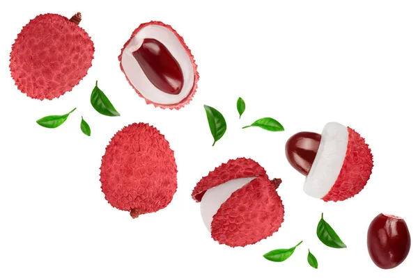 Litschi-Früchte isoliert auf weißem Hintergrund mit Schnittpfad und voller Schärfentiefe. Ansicht von oben. Flache Lage mit Kopierraum für Ihren Text — Stockfoto