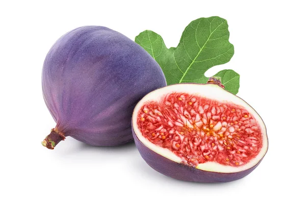 Fresh fig fruit and half with leaf isolated on white background — Stock Photo, Image