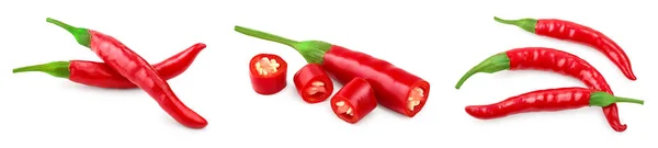 Czerwona papryka chili izolowana na białym tle. Zestaw lub kolekcja — Zdjęcie stockowe