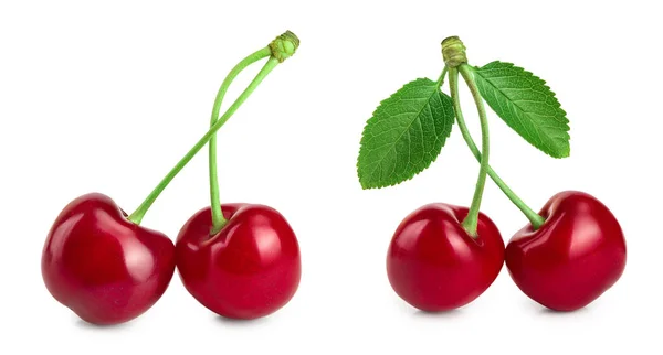 Two cherries with leaf closeup isolated on white background — Stock Photo, Image