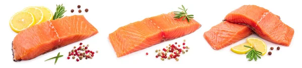 Филе лосося из красной рыбы с лимоном и розмарином изолированы на белом фоне. Набор или коллекция — стоковое фото
