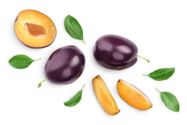 Fresh purple plum and half with leaves isolated on white background with clipping path and full depth of field. Top view. Flat lay — Stock Photo, Image
