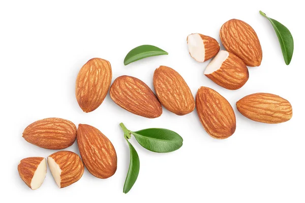 Almonds nuts with leaves isolated on white background with clipping path and full depth of field. Top view. Flat lay — Stock Photo, Image