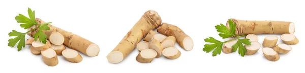 Horseradish root with slices and parsley isolated on white background — Stock Photo, Image
