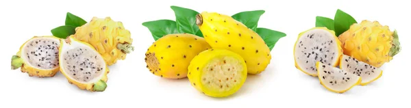 Fruta Dragón Maduro, Pitaya o Pitahaya amarillo aislado sobre fondo blanco, concepto de fruta saludable. Conjunto o colección — Foto de Stock