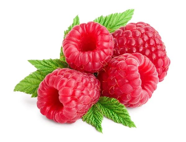 Raspberry matang dengan daun terisolasi pada latar belakang putih — Stok Foto