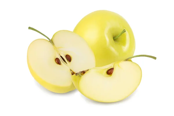 Żółte jabłko odizolowane na białym tle ze ścieżką wycinania i pełną głębią ostrości — Zdjęcie stockowe