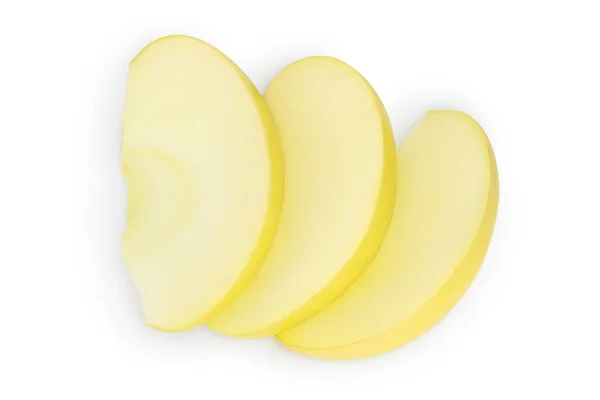 Φέτες κίτρινου μήλου που απομονώνονται σε λευκό φόντο με μονοπάτι αποκοπής και πλήρες βάθος πεδίου. Στο πάνω μέρος. Επίπεδη — Φωτογραφία Αρχείου