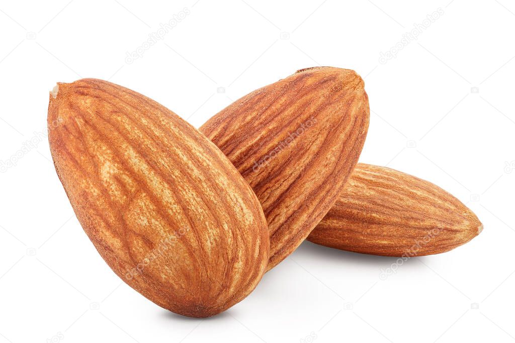 Almonds nuts isolated on white background with clipping path and full depth of field.