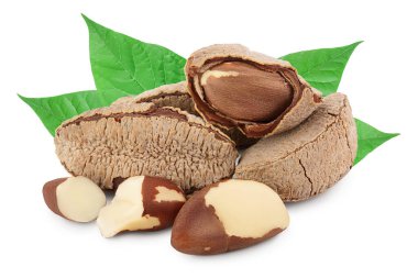 Fındık kabuklu Brezilya fındıkları kesme yolu ve tam derinlik ile beyaz arkaplanda izole.