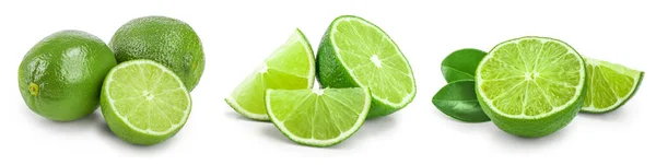 Lime with half and leaf isolated on white background. Set or collection — Stock Photo, Image