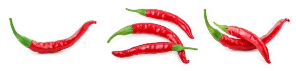 Chiles rojos picantes aislados sobre fondo blanco. Conjunto o colección — Foto de Stock