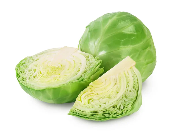 Green cabbage with half isolated on white background with clipping path and full depth of field. — Stock Photo, Image