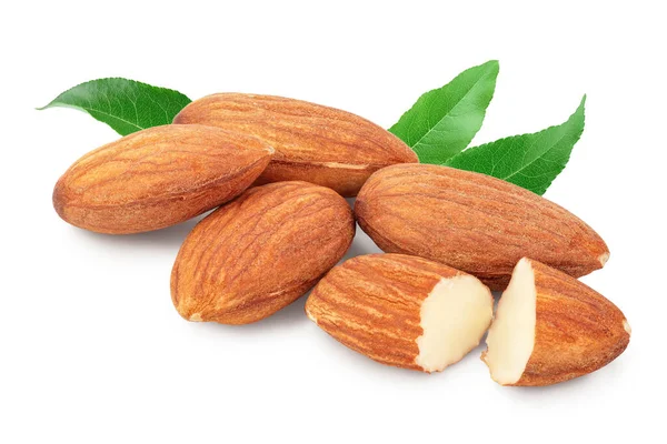 Almonds nuts with leaf isolated on white background with clipping path and full depth of field. — Stock Photo, Image