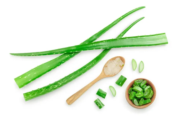 Aloe vera with slices in wooden spoon isolated on white background with copy space for your text. Top view. Flat lay. — Stock Photo, Image