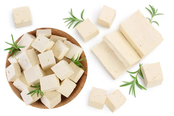 Tofu cheese isolated on white background with clipping path and full depth of field, Top view with copy space for your text. Flat lay — Stock Photo, Image