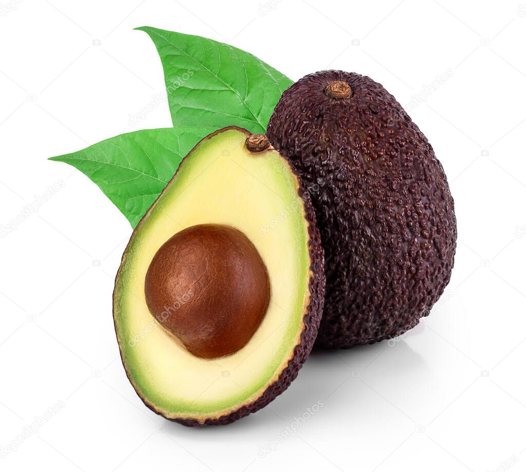 avocado and half with leaves isolated on white background