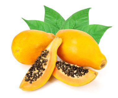 Olgun kesilmiş papaya yaprakları beyaz arkaplanda izole edilmiş.