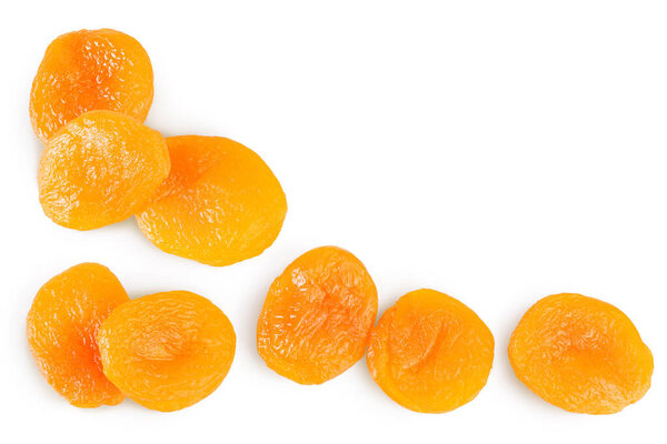 Dried apricots isolated on white background with clipping path and full depth of field. Top view. Flat lay