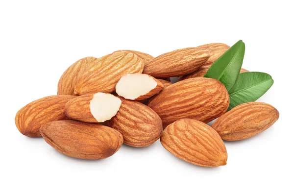 Almonds nuts with leaves isolated on white background with clipping path and full depth of field. — Stock Photo, Image