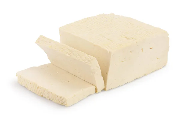 Formaggio tofu isolato su sfondo bianco con percorso di ritaglio e piena profondità di campo, — Foto Stock