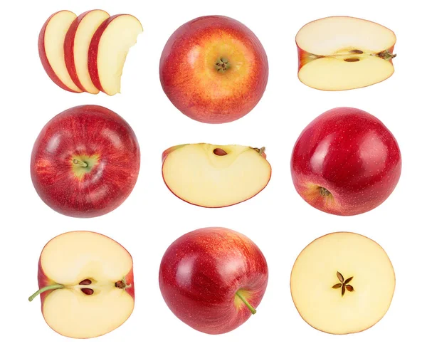 Rött äpple med hälften isolerad på vit bakgrund med klippbana och fullt skärpedjup. Högst upp. Ett platt ligg. Set eller uppsamling — Stockfoto