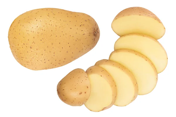 흰색 배경에 고립 된 젊은 감자. 새로운 수확. 맨 위 보기. 플랫 레이, 세트 또는 컬렉션 — 스톡 사진